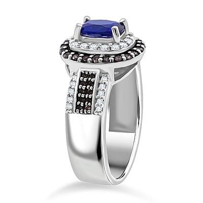 Premium Tanzanian Blue Spinel (DF), Champagne and White Zircon 2.75 ctw Crown Eclipse Ring in Rhodium Over Sterling Silver (Size 10.0)