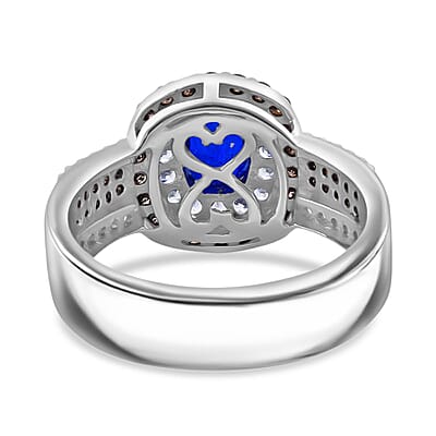 Premium Tanzanian Blue Spinel (DF), Champagne and White Zircon 2.75 ctw Crown Eclipse Ring in Rhodium Over Sterling Silver (Size 10.0)