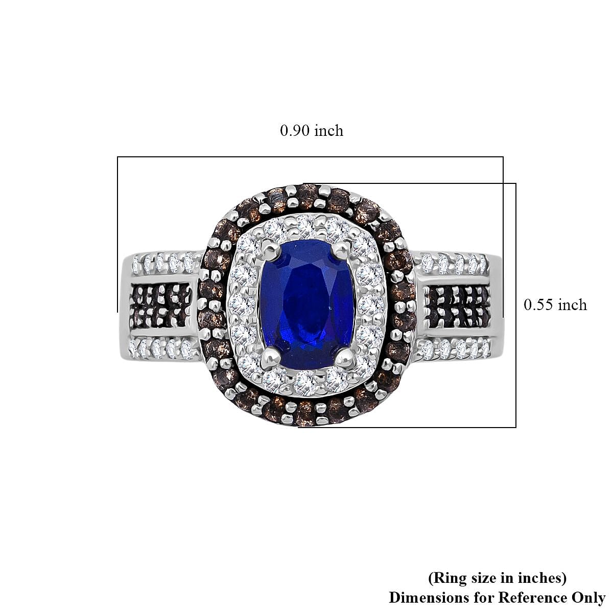 Premium Tanzanian Blue Spinel (DF), Champagne and White Zircon 2.75 ctw Crown Eclipse Ring in Rhodium Over Sterling Silver (Size 10.0)