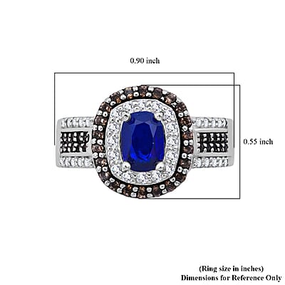 Premium Tanzanian Blue Spinel (DF), Champagne and White Zircon 2.75 ctw Crown Eclipse Ring in Rhodium Over Sterling Silver (Size 10.0)