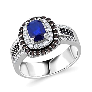 Premium Tanzanian Blue Spinel (DF), Champagne and White Zircon 2.75 ctw Crown Eclipse Ring in Rhodium Over Sterling Silver (Size 7.0)