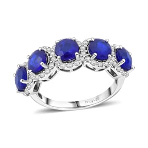 Tanzanian Blue Spinel (DF) and Moissanite 3.60 ctw Eternity Halo Ring in Rhodium Over Sterling Silver (Size 10.0)