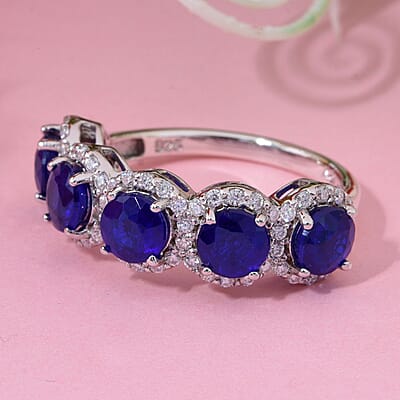 Tanzanian Blue Spinel (DF) and Moissanite 3.60 ctw Eternity Halo Ring in Rhodium Over Sterling Silver (Size 10.0)