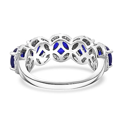 Tanzanian Blue Spinel (DF) and Moissanite 3.60 ctw Eternity Halo Ring in Rhodium Over Sterling Silver (Size 10.0)