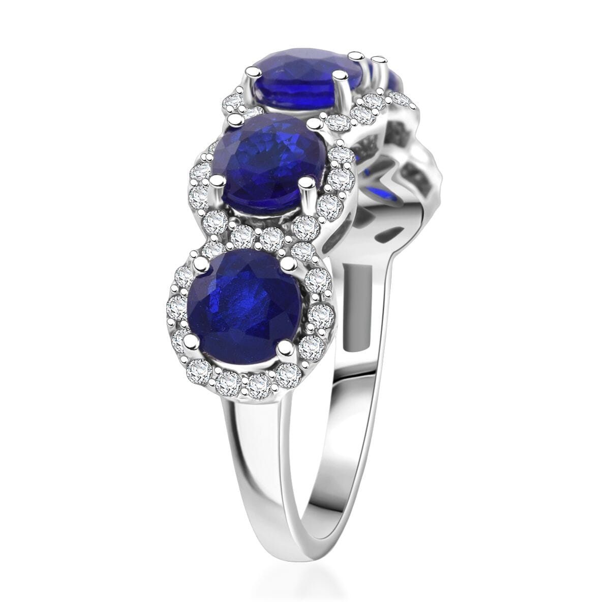 Tanzanian Blue Spinel (DF) and Moissanite 3.60 ctw Eternity Halo Ring in Rhodium Over Sterling Silver (Size 6.0) image number 3