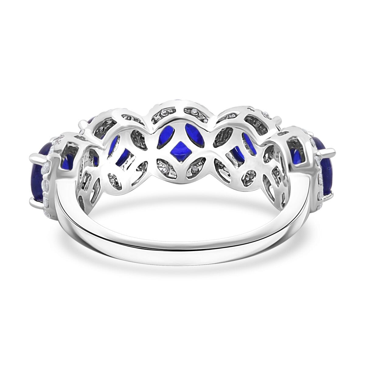 Tanzanian Blue Spinel (DF) and Moissanite 3.60 ctw Eternity Halo Ring in Rhodium Over Sterling Silver (Size 6.0) image number 4