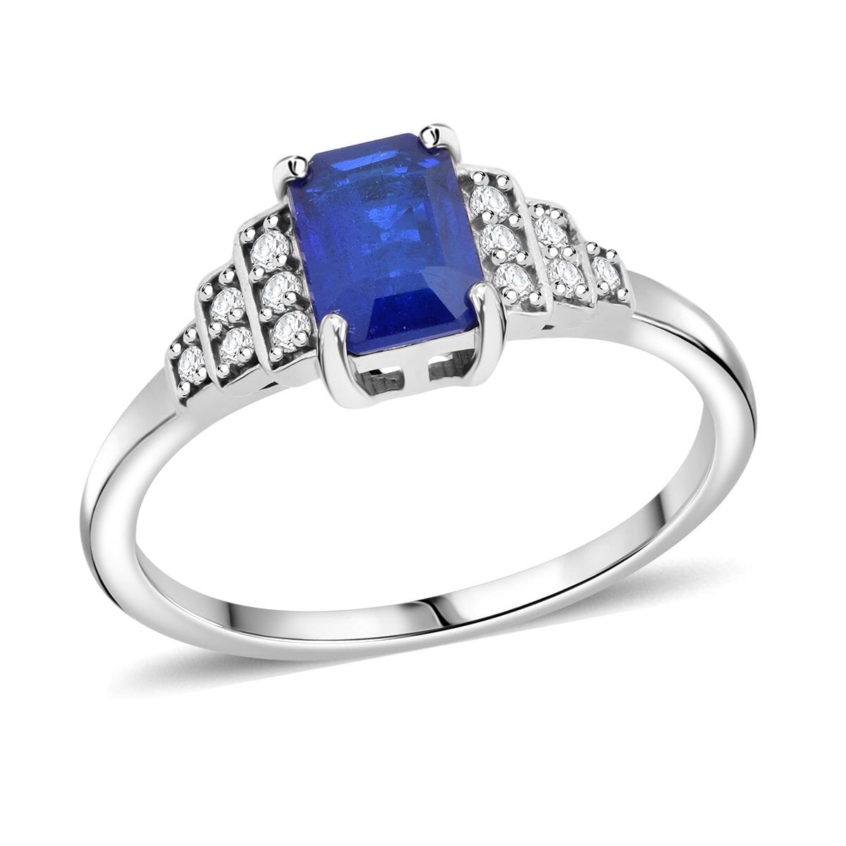 Premium Tanzanian Blue Spinel (DF) and White Zircon 1.20 ctw Crown Steps Ring in Rhodium Over Sterling Silver (Size 10.0) image number 0
