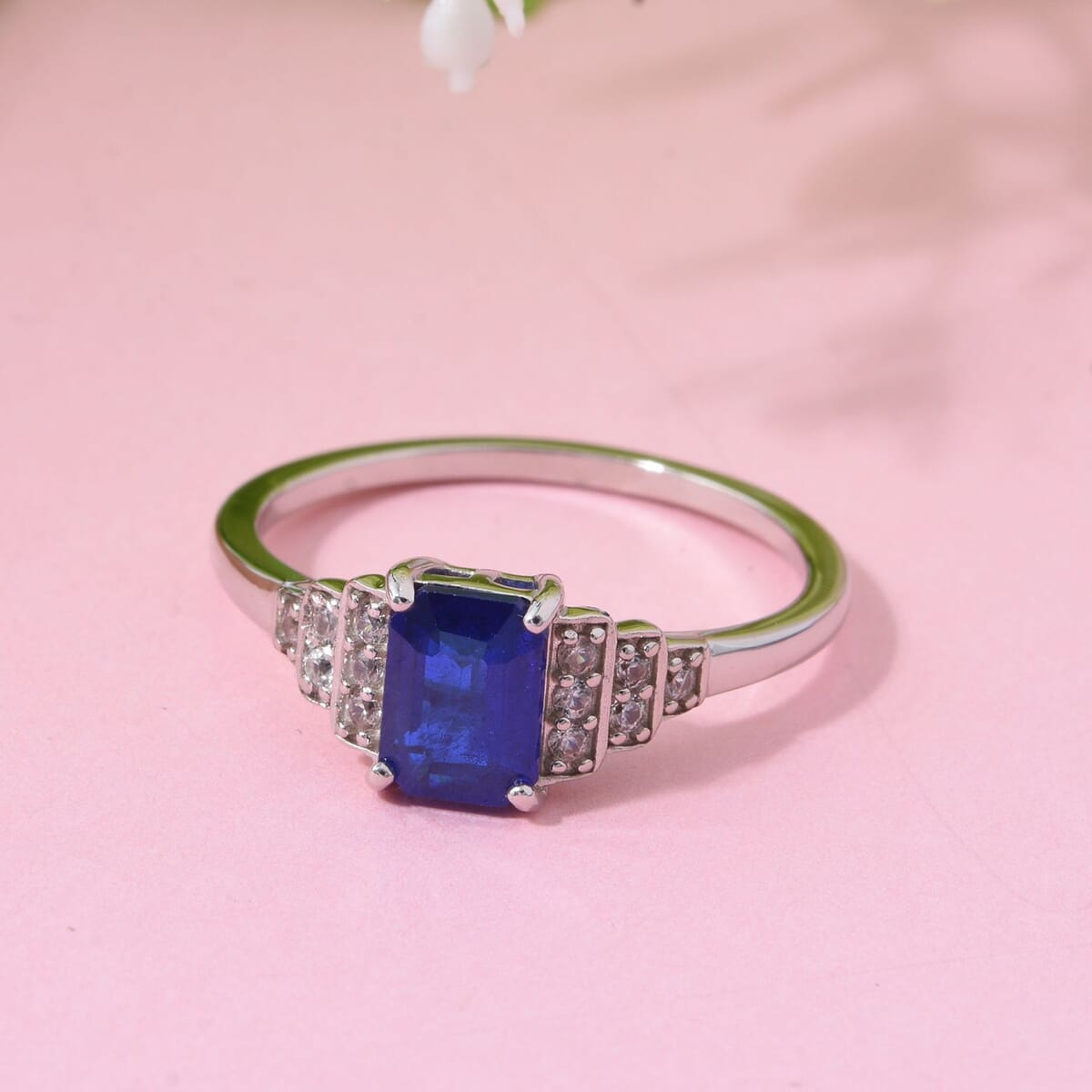 Premium Tanzanian Blue Spinel (DF) and White Zircon 1.20 ctw Crown Steps Ring in Rhodium Over Sterling Silver (Size 10.0) image number 1