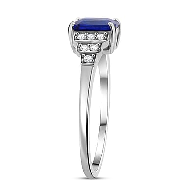 Premium Tanzanian Blue Spinel (DF) and White Zircon 1.20 ctw Crown Steps Ring in Rhodium Over Sterling Silver (Size 10.0)