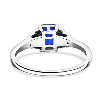 Premium Tanzanian Blue Spinel (DF) and White Zircon 1.20 ctw Crown Steps Ring in Rhodium Over Sterling Silver (Size 10.0)