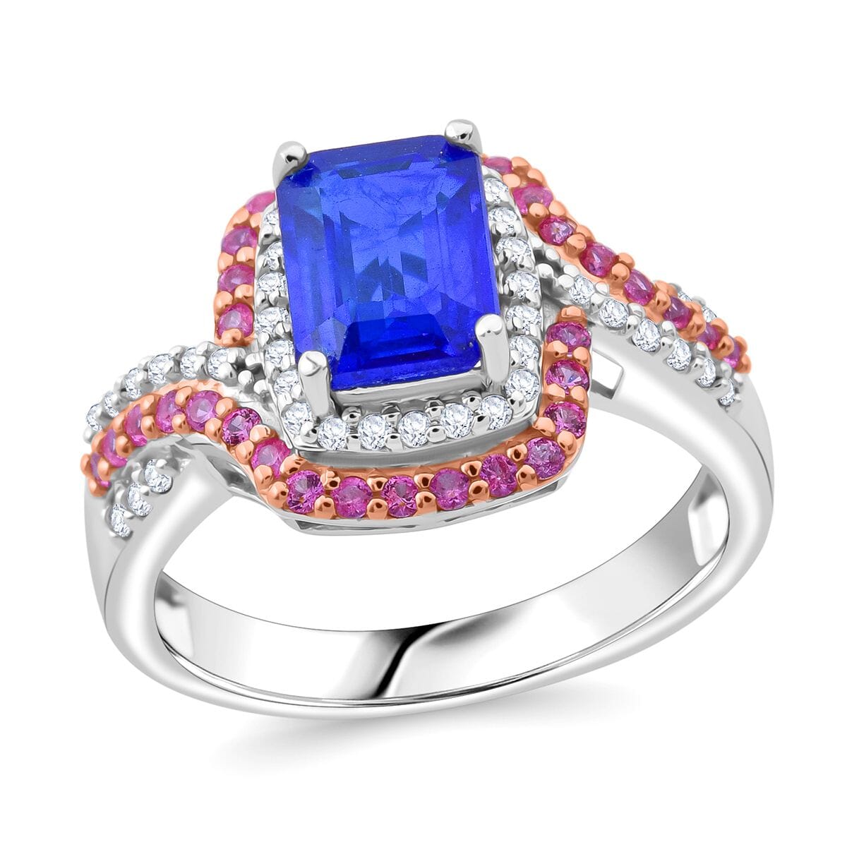 Premium Tanzanian Blue Spinel (DF) and Multi Gemstone 2.60 ctw Crown and Rose Ring in Rhodium Over Sterling Silver (Size 10.0) image number 0