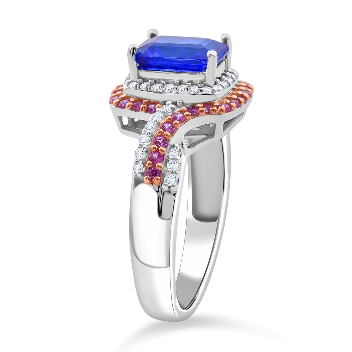 Premium Tanzanian Blue Spinel (DF) and Multi Gemstone 2.60 ctw Crown and Rose Ring in Rhodium Over Sterling Silver (Size 10.0) image number 3