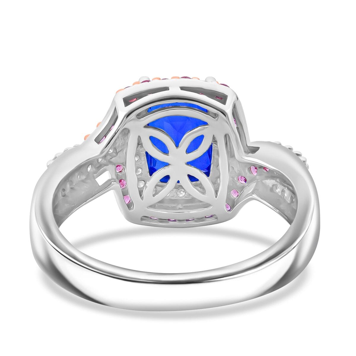 Premium Tanzanian Blue Spinel (DF) and Multi Gemstone 2.60 ctw Crown and Rose Ring in Rhodium Over Sterling Silver (Size 10.0) image number 4