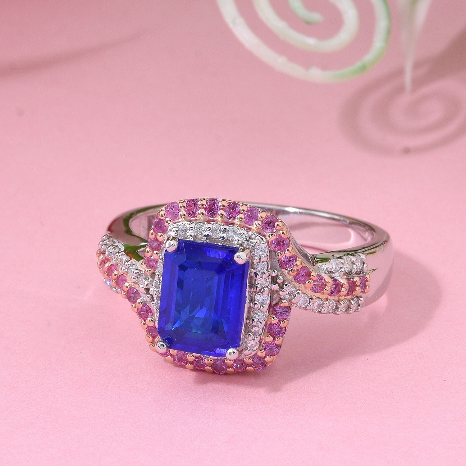 Premium Tanzanian Blue Spinel (DF) and Multi Gemstone 2.60 ctw Crown and Rose Ring in Rhodium Over Sterling Silver (Size 5.0) (Del. In 12-15 Days)