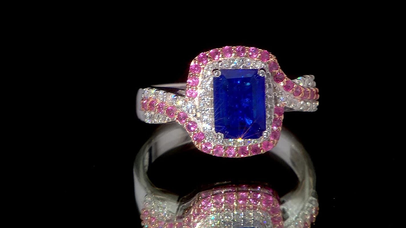 Premium Tanzanian Blue Spinel (DF) and Multi Gemstone 2.60 ctw Crown and Rose Ring in Rhodium Over Sterling Silver