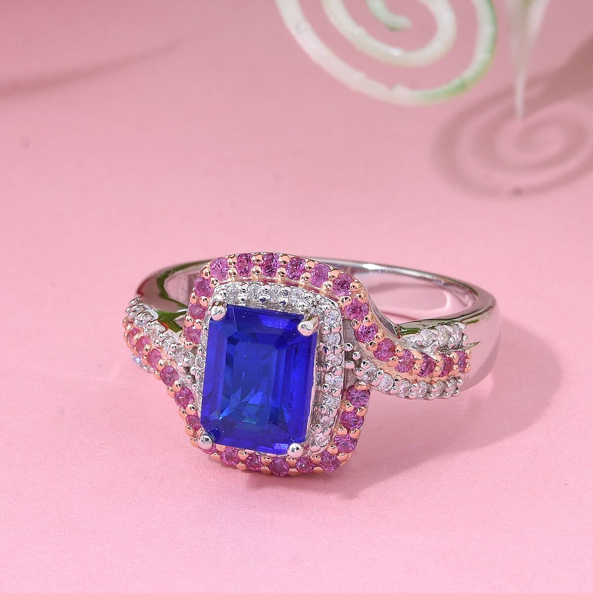 Premium Tanzanian Blue Spinel (DF) and Multi Gemstone 2.60 ctw Crown and Rose Ring in Rhodium Over Sterling Silver (Size 9.0) image number 1