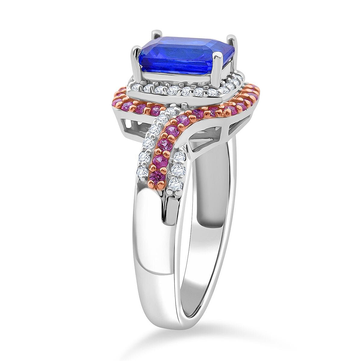 Premium Tanzanian Blue Spinel (DF) and Multi Gemstone 2.60 ctw Crown and Rose Ring in Rhodium Over Sterling Silver (Size 9.0) image number 3