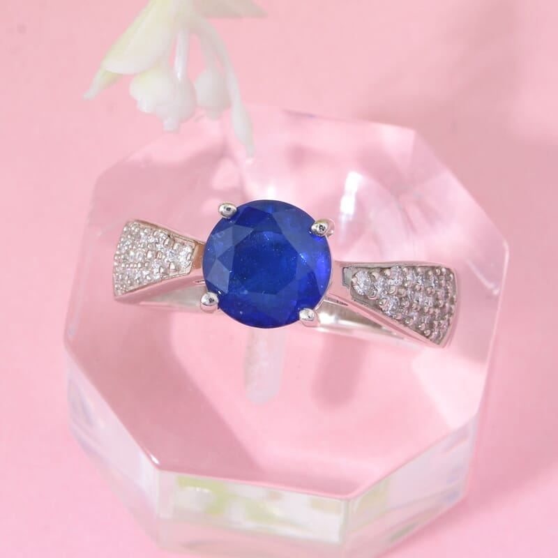 Premium Tanzanian Blue Spinel (DF) and Moissanite 1.50 ctw Blue Majesty Ring in Rhodium Over Sterling Silver (Size 10.0)