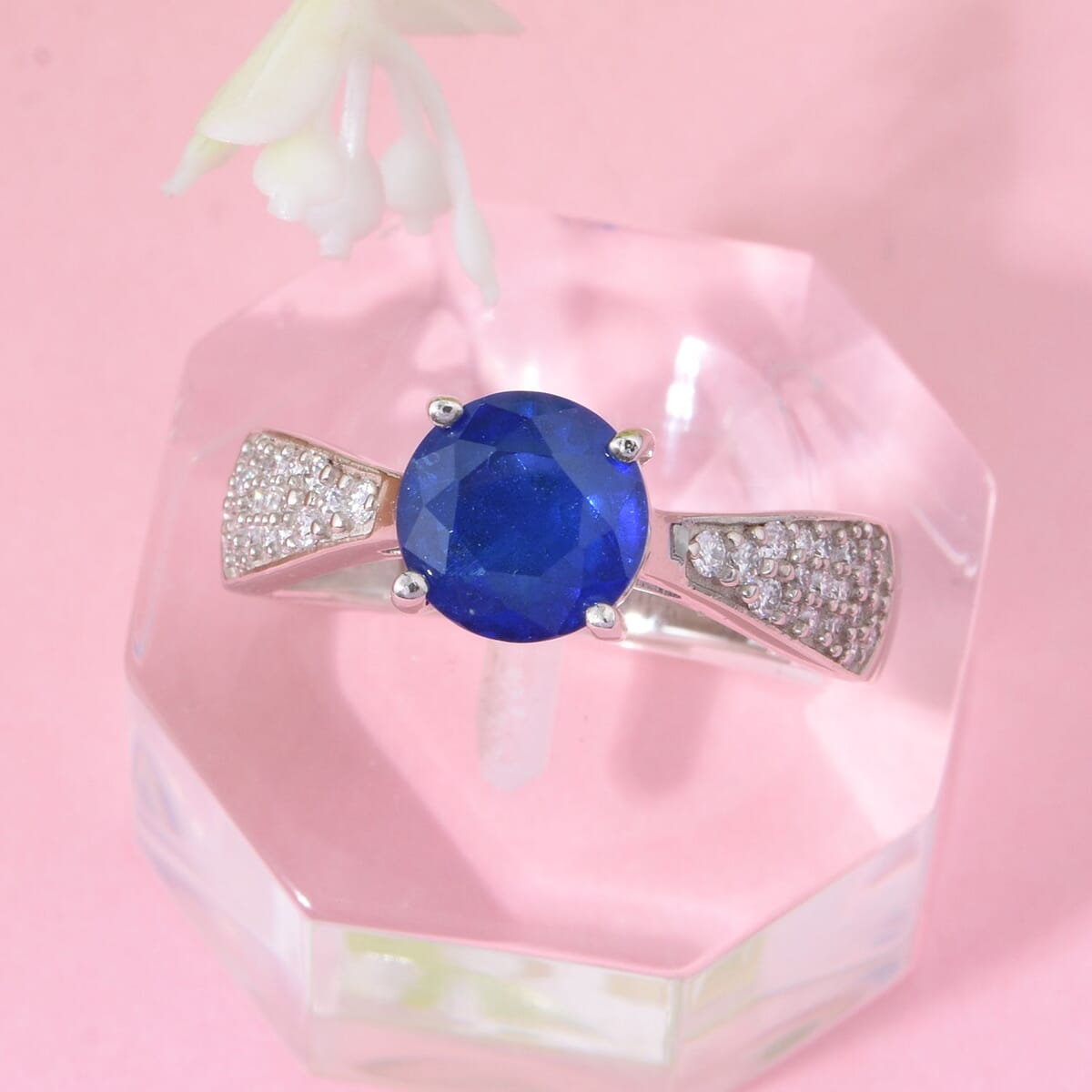 Tanzanian Blue Spinel (DF) and Moissanite 1.50 ctw Blue Majesty Ring in Rhodium Over Sterling Silver (Size 6.0) image number 1