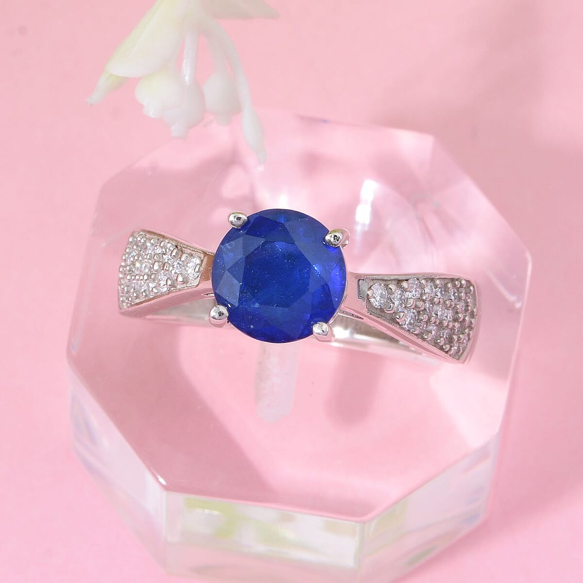 Tanzanian Blue Spinel (DF) and Moissanite 1.50 ctw Blue Majesty Ring in Rhodium Over Sterling Silver (Size 7.0) image number 1