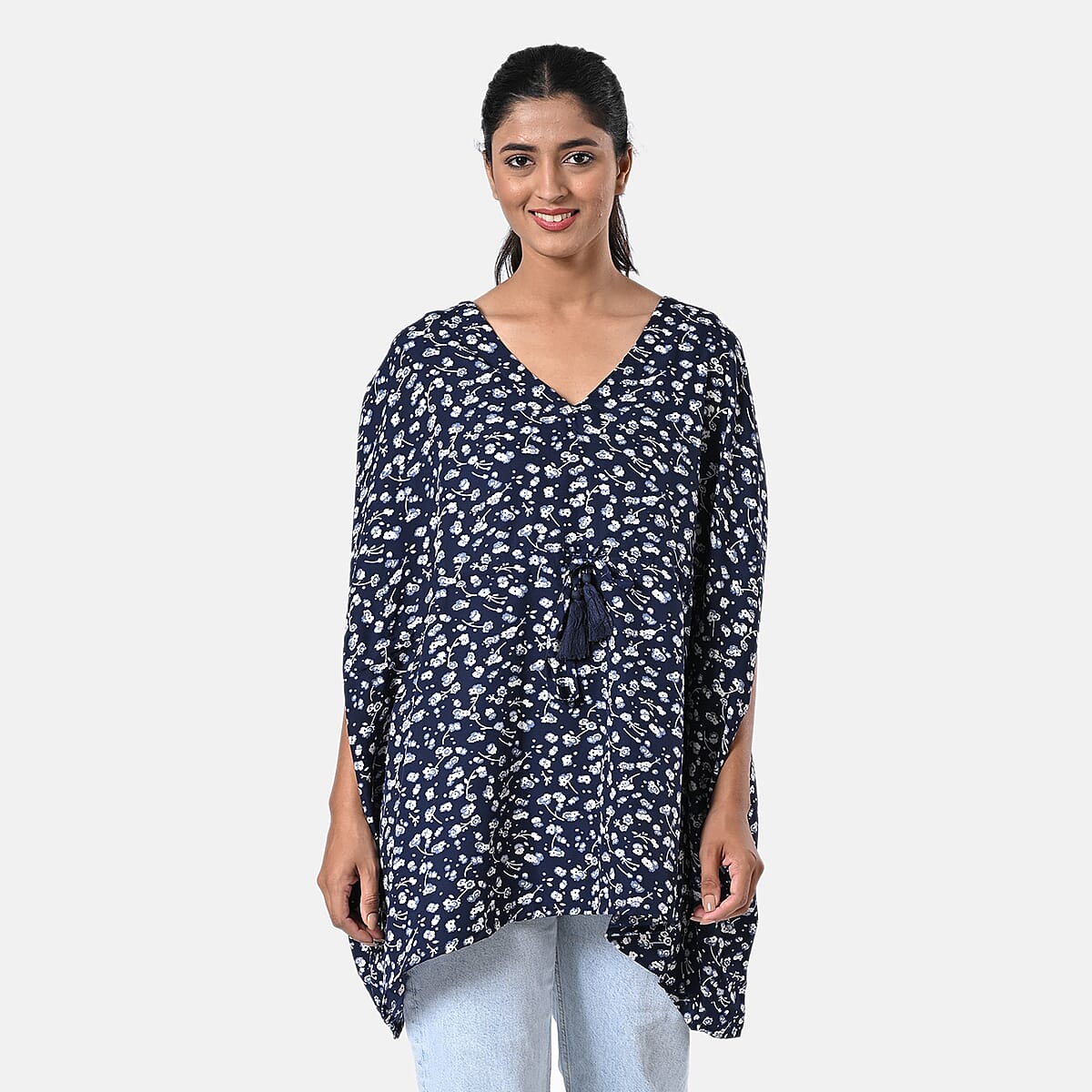 Navy Polyester Mini Kaftan Dress With Waist Tie Tassel Detailing - L (31x39) image number 0
