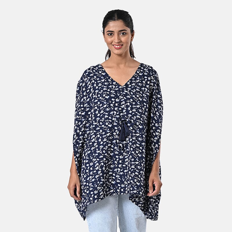 TAMSY Navy Floral Short Kaftan with Drawstring Waist Tie - One Size Fits Most