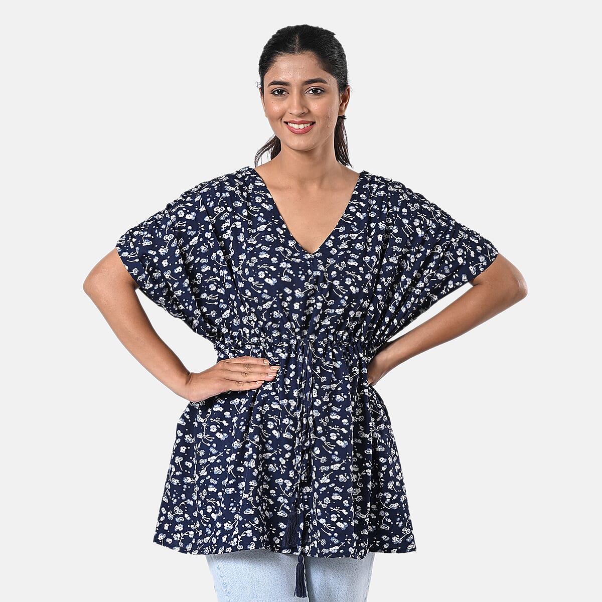 Navy Polyester Mini Kaftan Dress With Waist Tie Tassel Detailing - L (31x39) image number 1