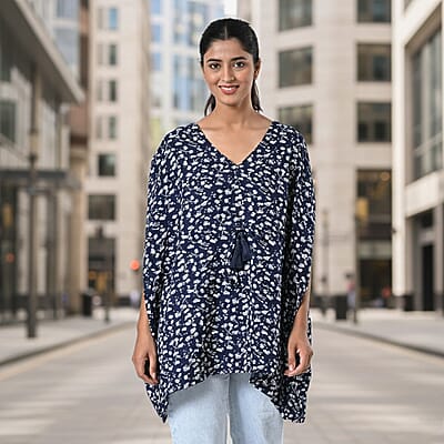 TAMSY Navy Floral Short Kaftan with Drawstring Waist Tie - One Size Fits Most