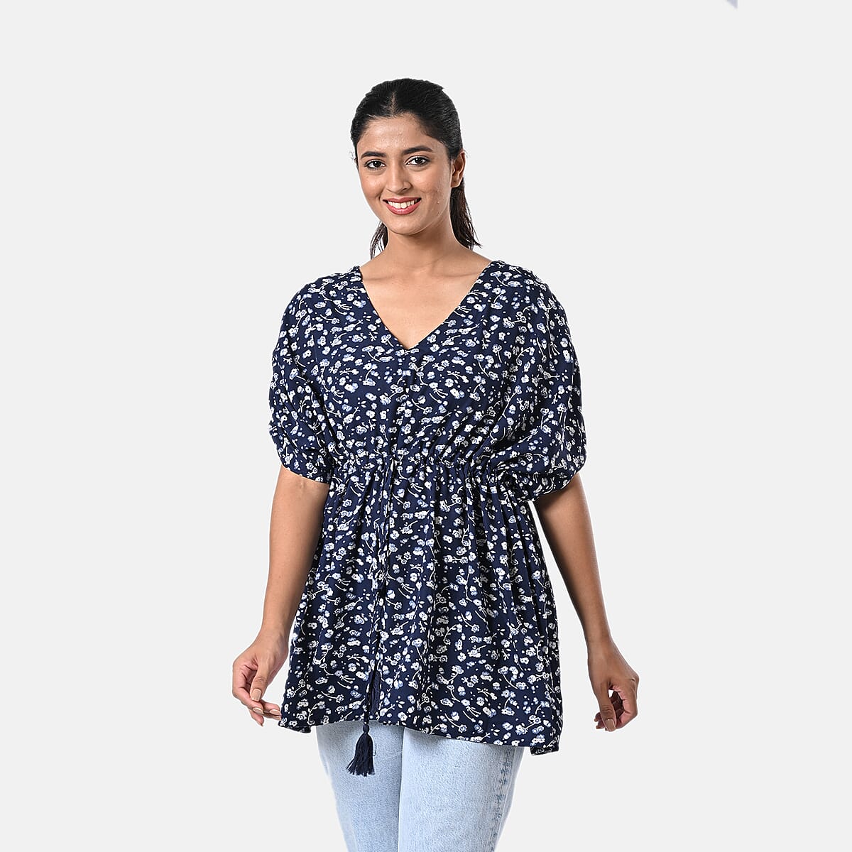 Navy Polyester Mini Kaftan Dress With Waist Tie Tassel Detailing - L (31x39) image number 2