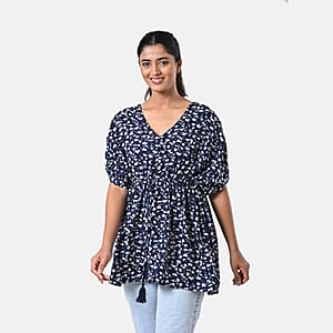 TAMSY Navy Floral Short Kaftan with Drawstring Waist Tie - One Size Fits Most