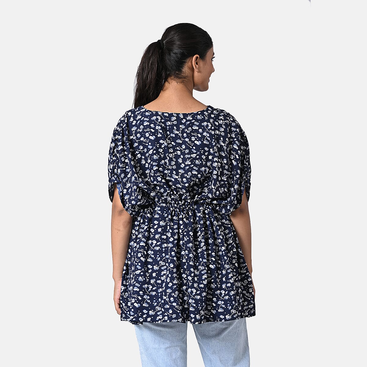 Navy Polyester Mini Kaftan Dress With Waist Tie Tassel Detailing - L (31x39) image number 3