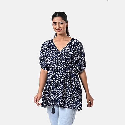 TAMSY Navy Floral Short Kaftan with Drawstring Waist Tie - One Size Fits Most