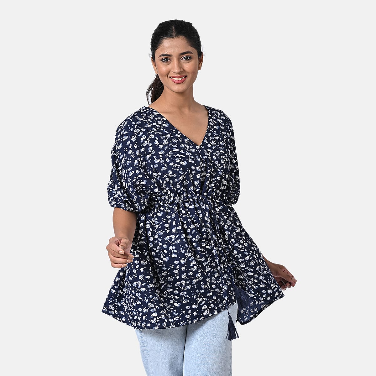 Navy Polyester Mini Kaftan Dress With Waist Tie Tassel Detailing - L (31x39) image number 4