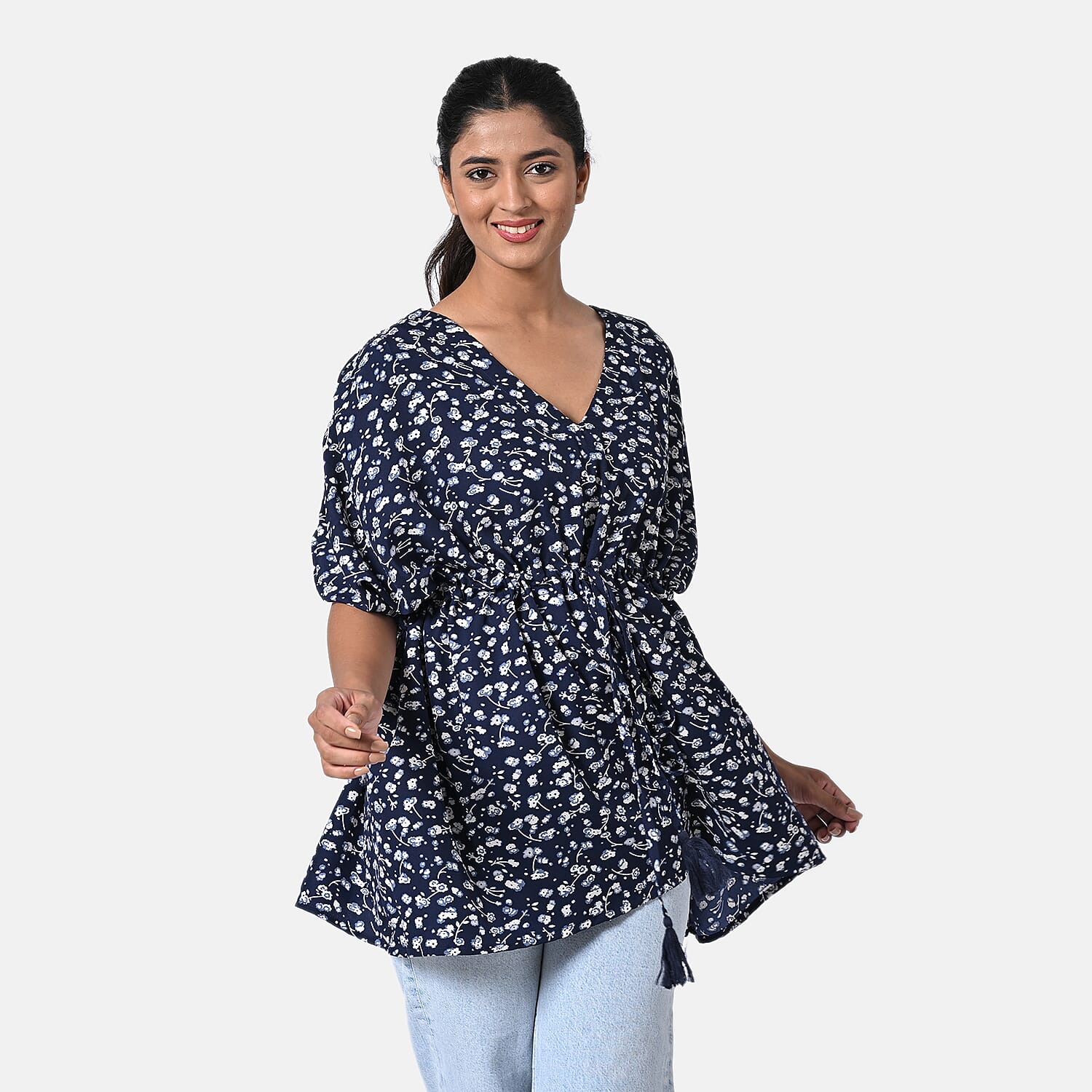 TAMSY Navy Floral Short Kaftan with Drawstring Waist Tie - One Size Fits Most