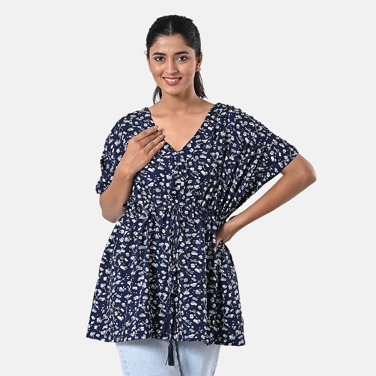 Navy Polyester Mini Kaftan Dress With Waist Tie Tassel Detailing - L (31x39) image number 5