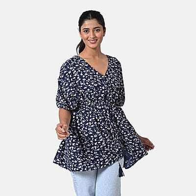 TAMSY Navy Floral Short Kaftan with Drawstring Waist Tie - One Size Fits Most