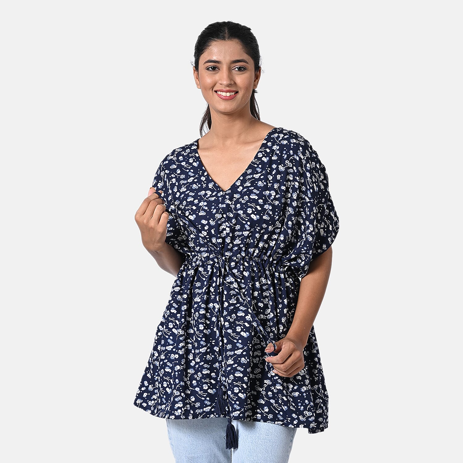 TAMSY Navy Floral Short Kaftan with Drawstring Waist Tie - One Size Fits Most