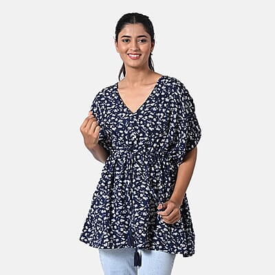 TAMSY Navy Floral Short Kaftan with Drawstring Waist Tie - One Size Fits Most