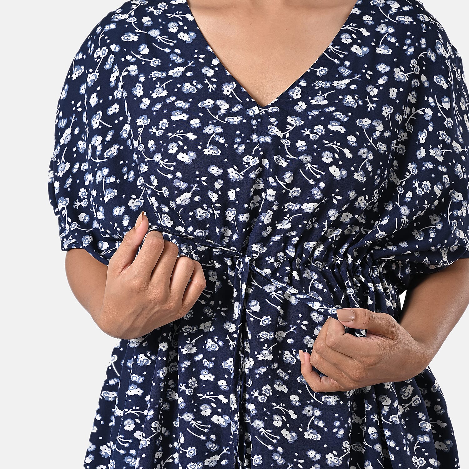 TAMSY Navy Floral Short Kaftan with Drawstring Waist Tie - One Size Fits Most