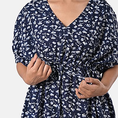 TAMSY Navy Floral Short Kaftan with Drawstring Waist Tie - One Size Fits Most