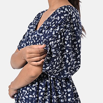 TAMSY Navy Floral Short Kaftan with Drawstring Waist Tie - One Size Fits Most