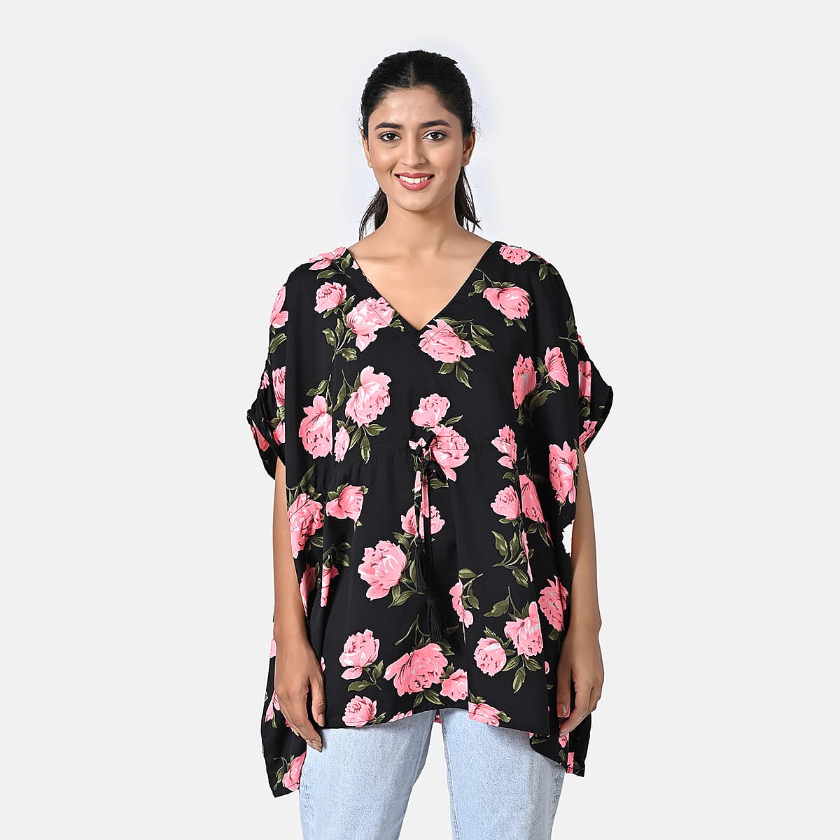 Black and Pink Polyester Mini Kaftan Dress With Waist Tie Tassel Detailing - L (31x39) image number 0