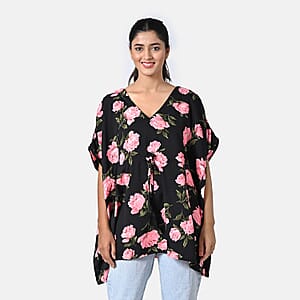 Black and Pink Polyester Mini Kaftan Dress With Waist Tie Tassel Detailing - L (31x39)
