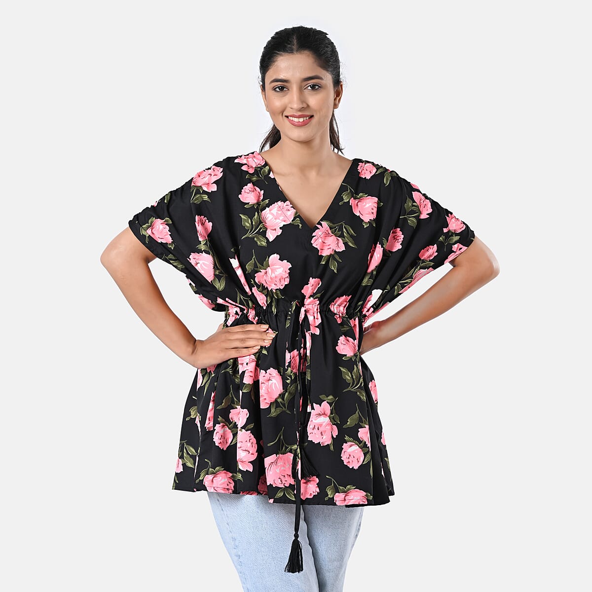 Black and Pink Polyester Mini Kaftan Dress With Waist Tie Tassel Detailing - L (31x39) image number 1
