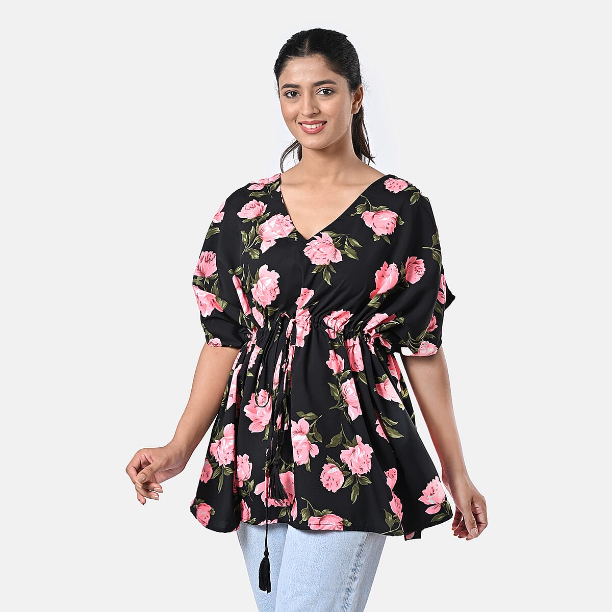 Black and Pink Polyester Mini Kaftan Dress With Waist Tie Tassel Detailing - L (31x39) image number 2