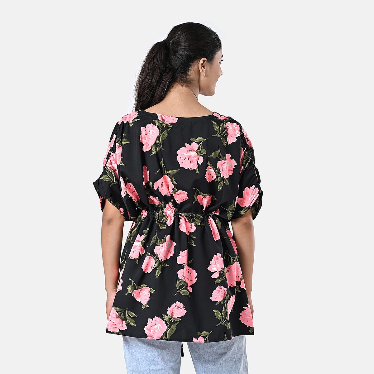 Black and Pink Polyester Mini Kaftan Dress With Waist Tie Tassel Detailing - L (31x39) image number 3