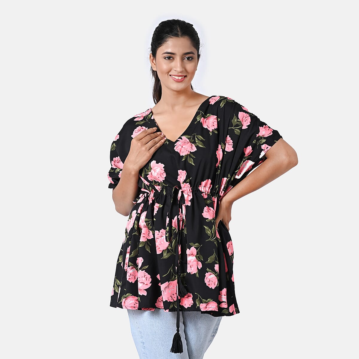 Black and Pink Polyester Mini Kaftan Dress With Waist Tie Tassel Detailing - L (31x39) image number 4