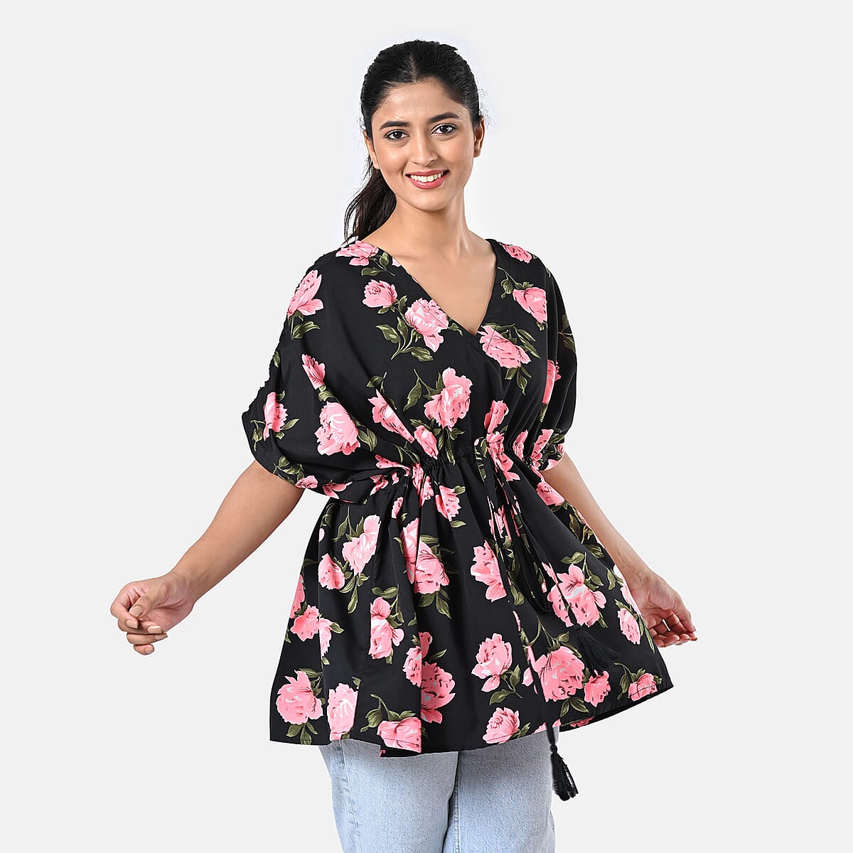 Black and Pink Polyester Mini Kaftan Dress With Waist Tie Tassel Detailing - L (31x39) image number 5