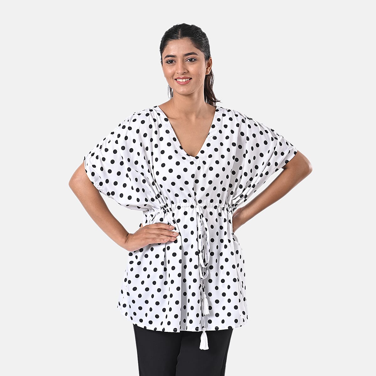 Black and White Polyester Mini Kaftan Dress With Waist Tie Tassel Detailing - L (31x39) image number 1