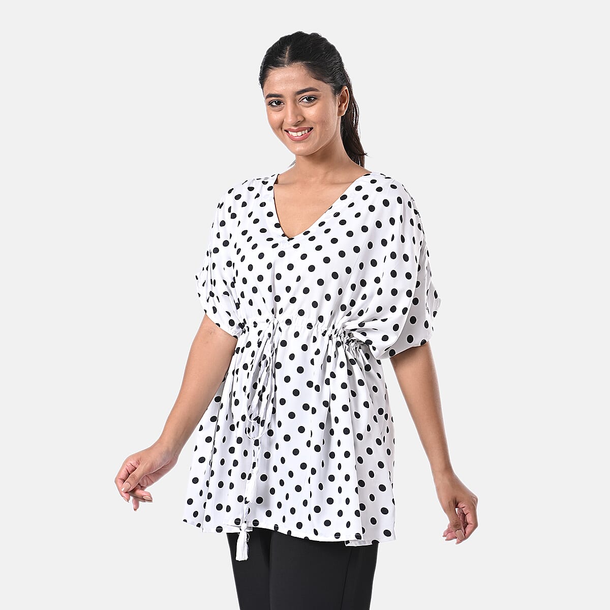 Black and White Polyester Mini Kaftan Dress With Waist Tie Tassel Detailing - L (31x39) image number 2